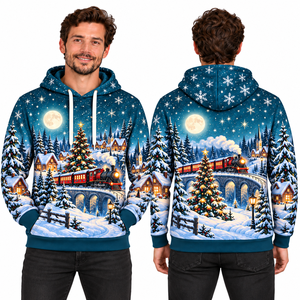 Men's Red Christmas Solid Fleece Pullover Knitted Polyester/Cotton Casual Winter Hoodie with Pocket Design Eco-Friendly - Product Image 5