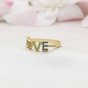 Gold-plated Sterling <b>Silver</b> Rainbow Zircon Pave Love Letter <b>Rings</b> Adjustable Size Romantic Wedding Party <b>Statement</b> <b>Rings</b> Women - Product Image 3