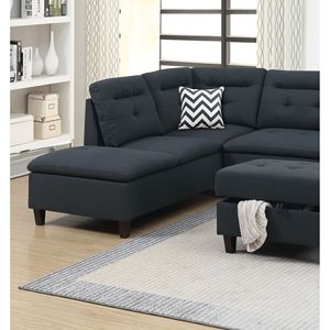 Divano Sezionale Nero con Pouf in Tessuto Simil-Lino per Arredamento Soggiorno - Product Image 4