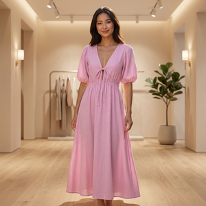 Wholesale Customizable Solid Woven Crepe Puff Short <b>Sleeve</b> Maxi A-Line Breathable Casual Women's <b>Summer</b> Cotton <b>Dress</b> - Product Image 3