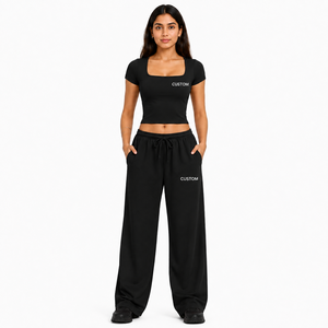 Conjunto de 2 Piezas para Yoga: Top Corto de Manga Corta para Mujer y Pantalones Anchos Relajados para Yoga, Pilates y Gimnasio, Personalizable - Product Image 1