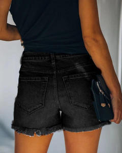 Shorts en jean déchiré taille haute pour femme, ourlet asymétrique effiloché, style décontracté d'été, coupe régulière, bleu clair en coton - Product Image 3