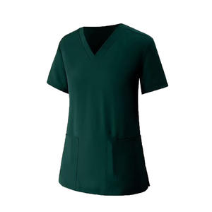 Haut de blouse médicale pour femme à col en V, en polyester et élasthanne, uniforme d'infirmière d'hôpital, manches courtes, vert coton, vente en gros - Product Image 2