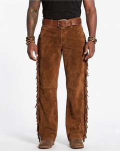 Pantalon décontracté pour homme, style western, marron, léger, 100 % coton, taille haute, coupe droite, braguette boutonnée, avec poches - Product Image 2