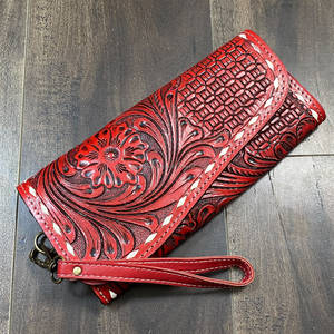 Pochette élégante en cuir rouge orné d'un motif floral, nouvelle pochette à main en cuir véritable pour femme, porte-monnaie pour usage quotidien - Product Image 2