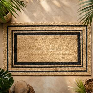 Alfombra de Yute Hecha a Mano, Duradera, Rectangular, con Patrón Geométrico Tradicional, Borde Negro Trenzado, Grosor Medio, 100% para Exteriores - Product Image 5