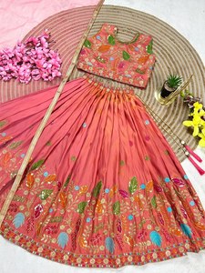 Nouvelle collection de festival, ensemble de lehenga choli en soie orange pour filles, prêt-à-porter, broderie, sans plis, longueur cheville - Product Image 2