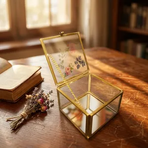 Artisan Design Glass Jewelry Box Brass/<b>Mirror</b> Frame Floral Lid Design <b>Square</b> Shape Bedroom Storage Modern Style Decorative - Product Image 3