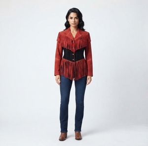 Veste Western en daim rouge uni de qualité supérieure pour l'hiver, avec franges noires sur le devant et logo |   Manteau élégant à franges de cowgirl |   Vêtements d'extérieur à franges bohèmes - Product Image 3