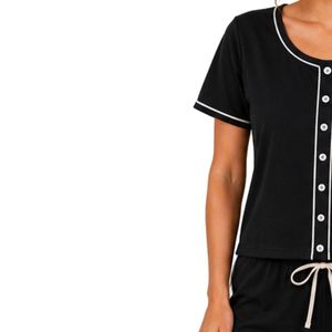 Black And White Women Two Piece Shorts Set Round Neck Button <b>Top</b> Minimal Flower Embroidery Casual Summer Cotton Lounge Wear - Product Image 3