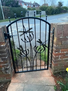 Wrought Iron Garden Gate with Dragonfly Decorative Design Exterior Metal Entry Door Contemporary Style Finished Surface - Product Image 3