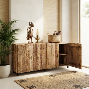 Aparador Grande de Madera Maciza, Estilo Rústico con Listones, 4 Puertas, Estilo Teca Natural, Mueble Buffet de Madera para Sala de Estar - Product Image 2