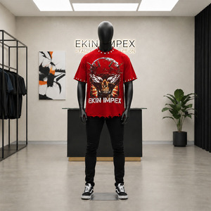 Custom Red Oversized T-Shirt Men 3D Skull Print Streetwear Hip Hop with Metal <b>Studs</b> Rivets Distressed Raw Hem Heavyweight Cotton - Product Image 3