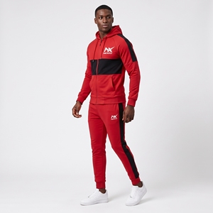 Mens Red Black Solid 100% Cotton Breathable Quick Dry Full <b>Zip</b> <b>Hooded</b> Sweatshirt & Jogger Pants Sportswear Set - Product Image 2