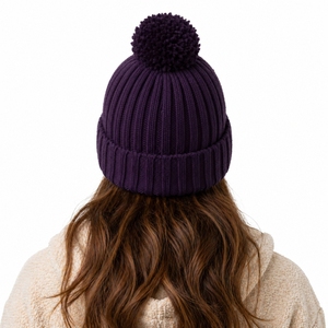 Unisex Knit Beanie <b>Hat</b> <b>Purple</b> Pom Pom Winter Cap Casual Stretch Fit Adult Headwear Solid Color Hand Knitted Acrylic Warm Cozy - Product Image 2