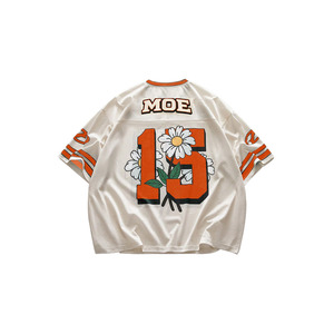 Maillot de football américain streetwear ample à col en V, imprimé floral beige personnalisé, maille graphique orange, style hip-hop, fabrication OEM/ODM - Product Image 2