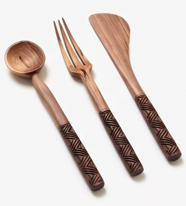 Ensemble de couverts en bois 3 pièces (cuillère, fourchette, spatule) finition mate, design minimaliste, écologique, pour le camping et l'hôtellerie - Product Image 1