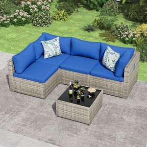 Set Divano Sezionale da Esterno a 5 Pezzi in Rattan PE Intrecciato con Tavolino in Vetro, Resistente alle Intemperie, per Balcone - Product Image 1