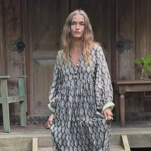 Vestido Largo Floral de Manga Larga para Mujer, Cuello en V, Corte Holgado, Estilo Bohemio Informal, Vestido de Verano con Estampado Étnico - Product Image 5