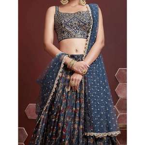 Magnifique Lehenga Choli semi-cousu en soie chinon imprimé numérique bleu, pour les occasions spéciales, par Zeel Clothing - Product Image 2