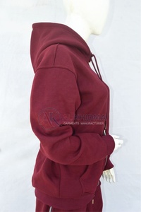 Sweat-shirt à capuche zippé pour femme, couleur bordeaux, effet délavé, broderie, coupe classique, manches longues, couleur unie, 100% coton biologique, hiver - Product Image 3