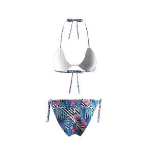 Conjunto de Bikini Estampado Colorido para Mujer, Top Triangular con Cuello Halter, Braguita con Lazos Laterales, Elástico, Spandex, Poliéster, Ecológico, Dos Piezas - Product Image 3