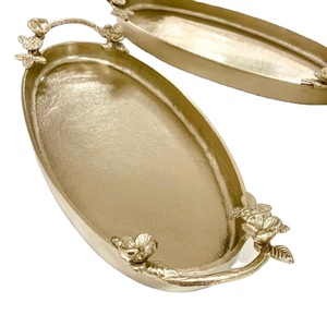 Oval Shape Metal Fruits <b>Snacks</b> <b>Tray</b> With Rose Petal Handles Decorative <b>Trays</b> For Parties Handmade Luxury Serving <b>Tray</b> Decor - Product Image 1