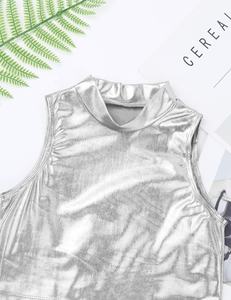 Conjunto de Ropa de Baile para Niñas de 8 a 14 Años, Top Corto Metálico con Cuello Alto y Pantalones de Campana, Traje para Actuaciones en Escenario, Baile de Salón - Product Image 4