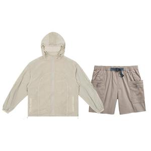 High Quality <b>Lightweight</b> Hooded Windbreaker Short Set Zipper Jacket Satin Jogger Shorts Unisex Winter Running Exercise Quick Dry - Product Image 2