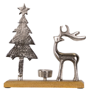 Portavelas Metálico Navideño con Diseño de Reno y Árbol Plateado de 10 Pulgadas - Product Image 1