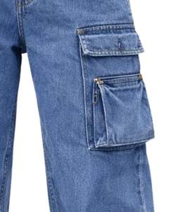 Jean cargo en denim bleu taille haute à jambe large avec plusieurs poches, style urbain décontracté, pantalon ample pour femme, personnalisable OEM - Product Image 5