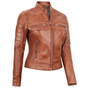 Real Sheepskin Leather <b>Jacket</b> for Women Tan Brown Moto <b>Biker</b> <b>Jacket</b> with Quilted Shoulder & Zipper Pockets - Product Image 5