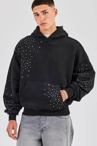 Sudadera con capucha para hombre, estilo urbano, de alta demanda, OEM, personalizada, negra, con pedrería, de corte holgado, mezcla de algodón, tela transpirable y suave. - Product Image 3