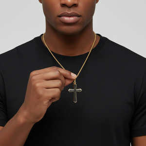 Collier pendentif croix en acier inoxydable plaqué or 18 carats avec incrustation de zircon noir, bijoux religieux, chaîne unisexe, cadeau - Product Image 3