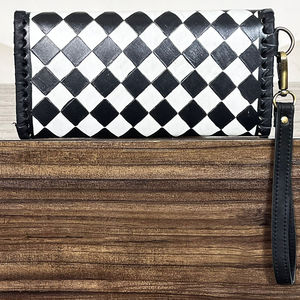 Premium Quality Black & White Checkered Wallet Trendy New Women's Hand <b>Tooled</b> Cow <b>Leather</b> Card Holder Clutch With Hand Wristlet - Product Image 5