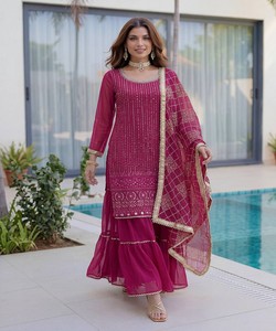 FANCY GEORGETTE EMBROIDERY SEQUENCE ZARI WORK <b>TOP</b> SHARARA WITH DUPATTA <b>FESTIVE</b> WEAR WHOLESALE PRICE ETHNIC GARMENT PINK - Product Image 5