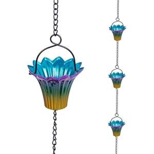 Cadena de Lluvia Artística Moderna con Patina Azul, Diseño de Colibrí y Loto, Cascada de Agua Decorativa para Jardín o Techo - Product Image 4