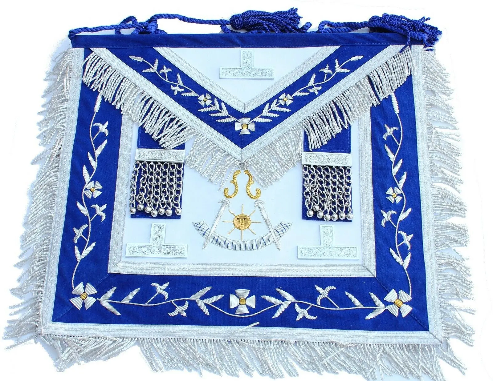 Masonic Grand Past MAster Apron bordir tangan dengan perak bullion dan putih Rexene perak pinggiran di sekitar apron