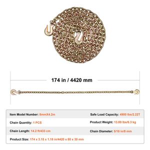 Catena di Trasporto G80 per Carichi Pesanti 5/16'' X 14.2 con Ganci a Forcella, Capacità 4900 Libbre, Accessori per Controllo Carico Sicuro - Product Image 3