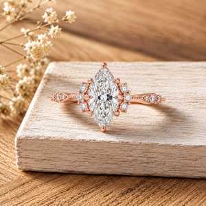 Classic Marquise Cut Floral Sunburst Halo Pave Band Lab Grown <b>Diamond</b> Engagement <b>Ring</b> 10K 14K 18K Solid Gold IGI Certified - Product Image 2