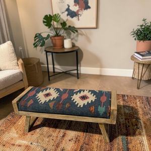 Handtufted Wool Jute Kilim Square <b>Bench</b> Vintage Traditional Eco-Friendly Upholstered All-Season Ottoman KRAFTERS KB10 Rajasthan - Product Image 6