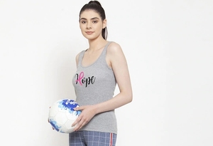 Débardeur en coton gris pour femme avec imprimé ruban rose « Hope » et col rond, idéal pour les tenues décontractées et les entraînements - Product Image 6