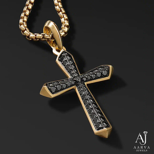 Collier pendentif croix en acier inoxydable plaqué or 18 carats avec incrustation de zircon noir, bijoux religieux, chaîne unisexe, cadeau - Product Image 2