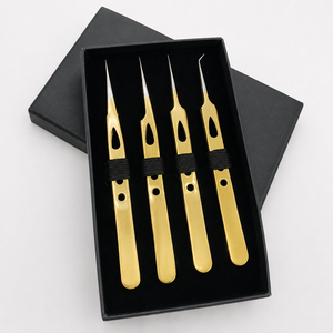 Ensemble de pinces à cils de précision Premium Gold – Outils professionnels pour extensions de cils, 4 pièces, avec boîte cadeau - Product Image 3