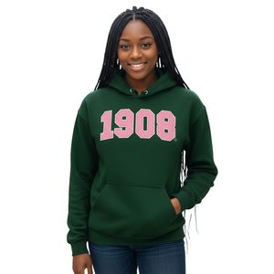 Sudadera con Capucha AKA Forest Green 1908, Números Deportivos Rosas, Sudadera de Forro Polar Unisex, Ropa de Hermandad Griega, OEM ODM - Product Image 1