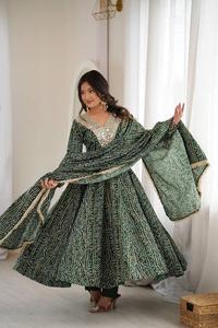 Indian Designer Dark <b>Green</b> Georgette Bandhani Print Anarkali Kurti Suit Set Heavy Mirror Work Neck Long Flare Gown Dupatta Pant - Product Image 3