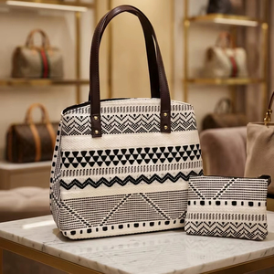Conjunto de Bolsos de Mano Tejidos Antirrobo en Blanco y Negro para Mujer, Bolso de Gran Capacidad con Bolsillo con Cremallera - Product Image 1