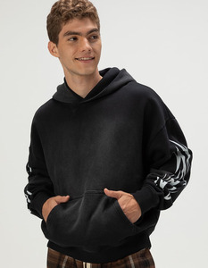 Sudadera con capucha negra de algodón 100% de felpa francesa personalizada de 400-450 g/m² de alto gramaje, estilo streetwear con bordado desgastado. - Product Image 1