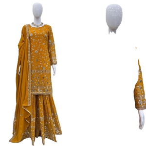 Modern Heavy Foux Georgette Fancy Embroidery Quick Dry Work Plazzo <b>Kurti</b> Dupatta Set Women Wedding Casual Wear Plus Size Salwar - Product Image 1