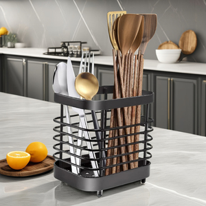 Organisateur de comptoir en métal moderne porte-couverts carré avec rangement de couverts ustensile Caddy Crock et support de cuillère - Product Image 6
